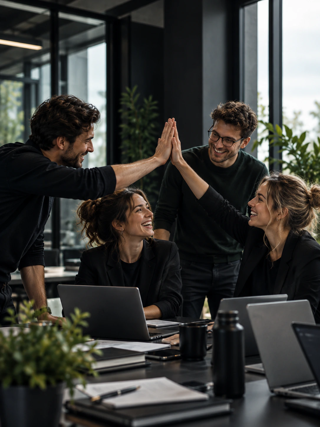 An operations team celebrating with a high-five around their desks.