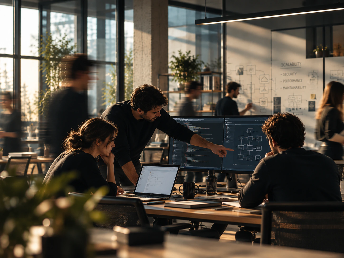 A developer pointing at a system diagram on screen while the team plans for security, performance and maintainability.
